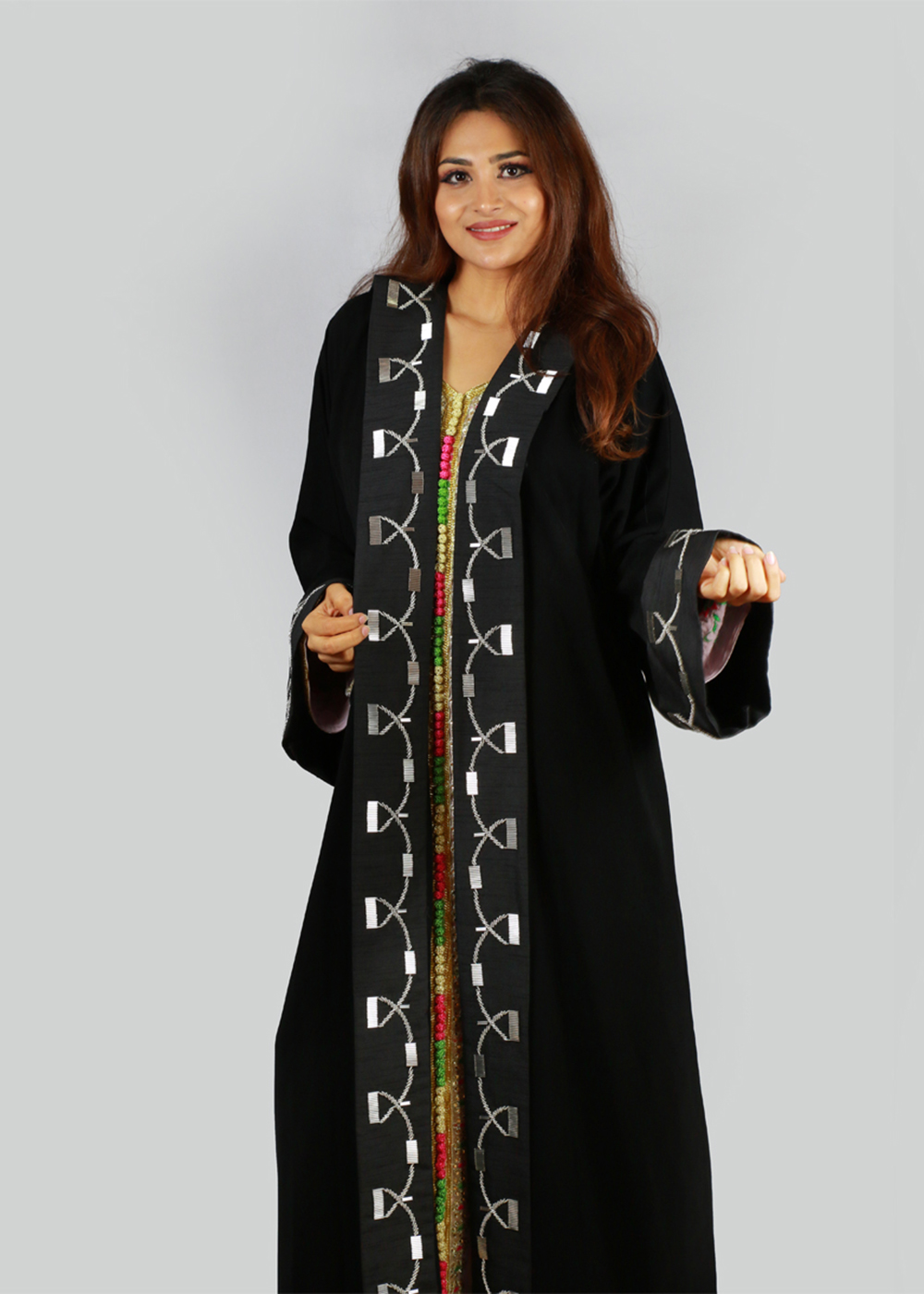 Al Jumairi Contrast Panel With Floral Design Abaya - AJ2112