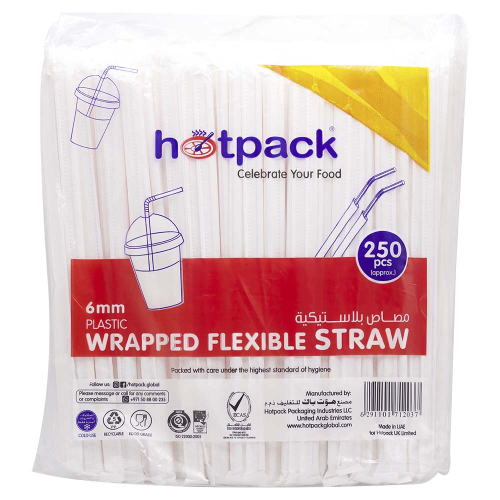 Hotpack 6mm Plastic Wrapped Flexible Straw 250pcs