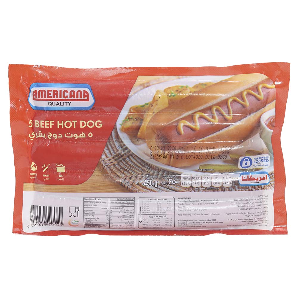 Americana Quality 5 Beef Hot Dogs 450g