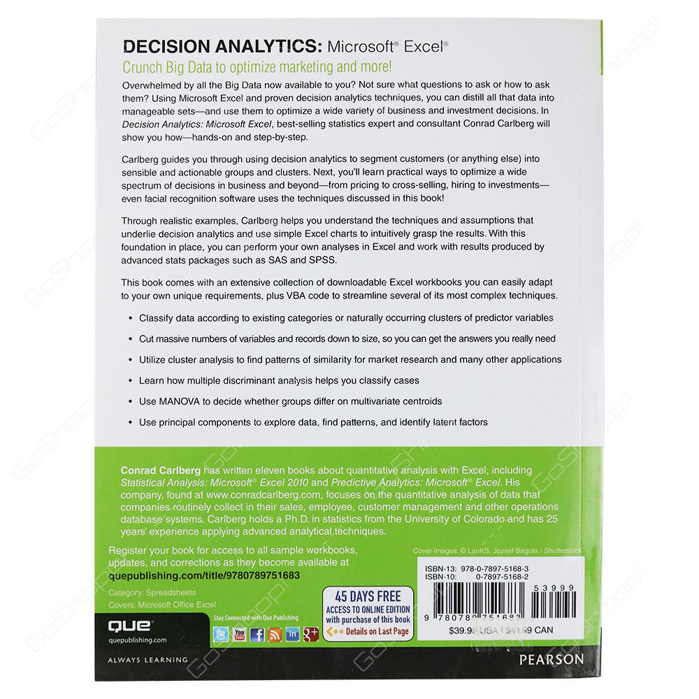 Decision Analytics Microsoft Excel By Conrad Carlberg