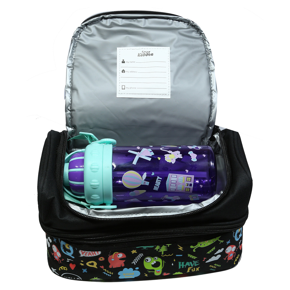 Smily Dual Slot Lunch Bag - Black