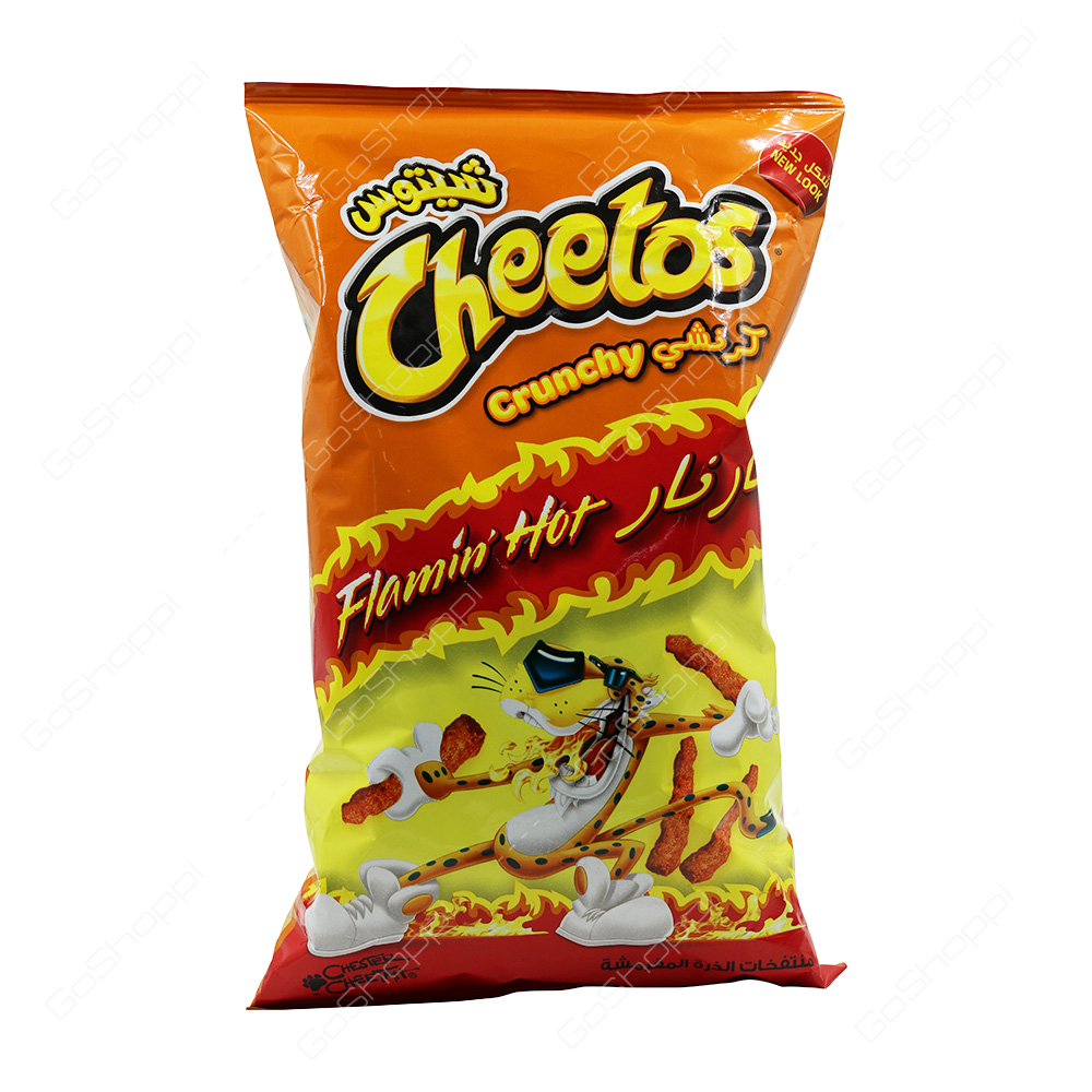 Cheetos Crunchy Flamin Hot are corn based snack chip is blended with a bold...