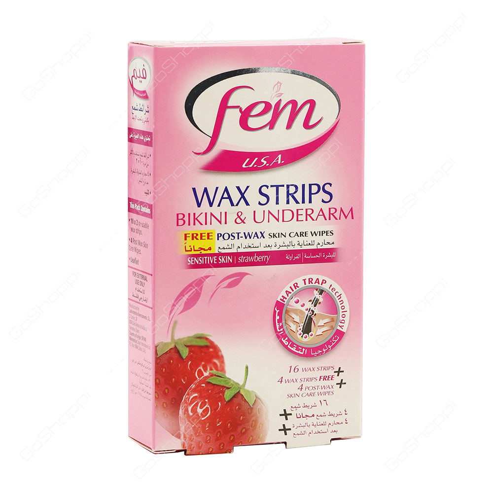 Fem Wax Strips Bikini and Underarm Sensitive Skin Strawberry 20 Strips